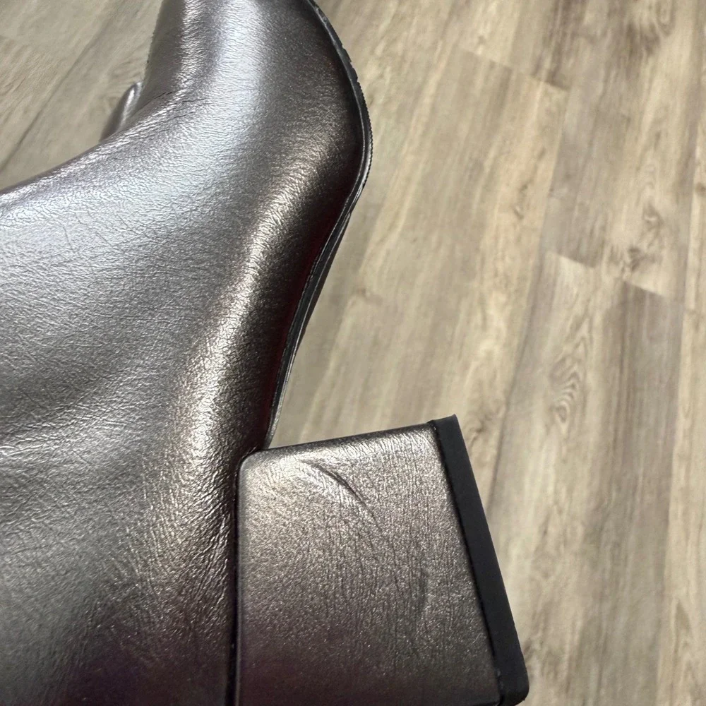 Muccute Gunmetal‎ Metallic Over The Knee Square Toe Block Heel Boots B111 7.5